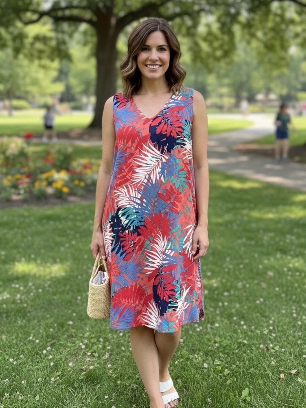 Jones New York Women's Linen Blend Sleeveless Trapeze Dress Tropical Print Sz 1X